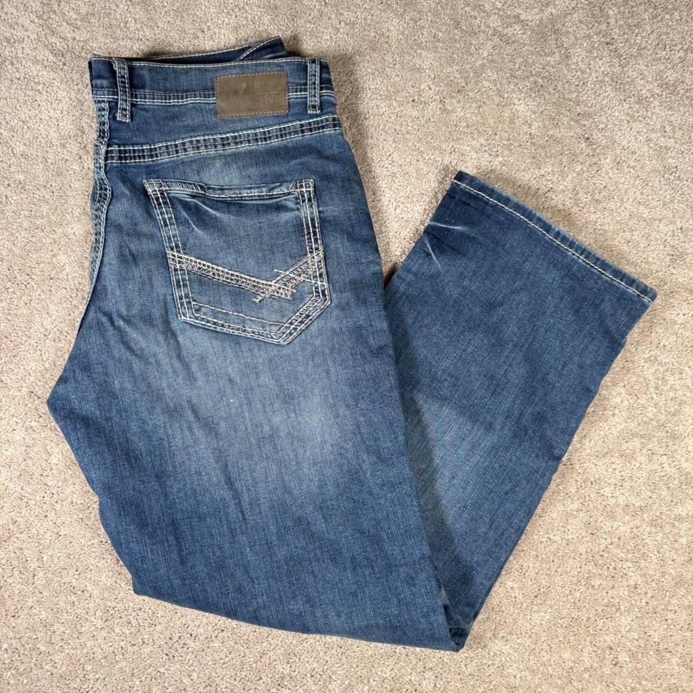 BKE Seth Relaxed Straight Leg Jeans Men's 36R Blue Thick Stitch‎ Whiskered Denim